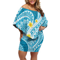 Plumeria Polynesian Sky Blue Glitter Pattern Off Shoulder Short Dress