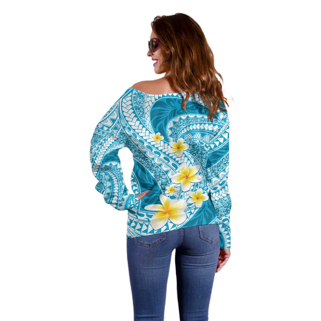 Plumeria Polynesian Sky Blue Glitter Pattern Off Shoulder Sweater