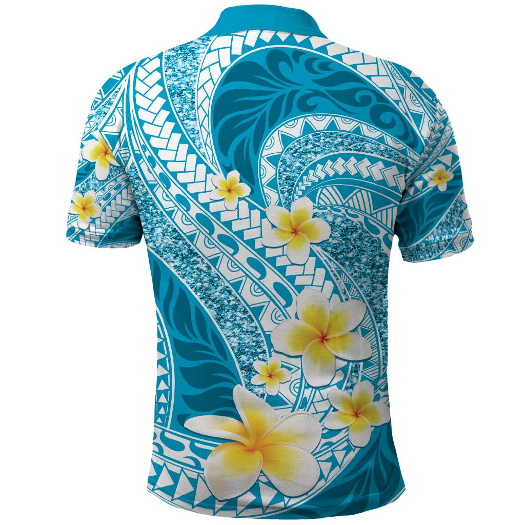 Plumeria Polynesian Sky Blue Glitter Pattern Polo Shirt LT01 - Polynesian Pride
