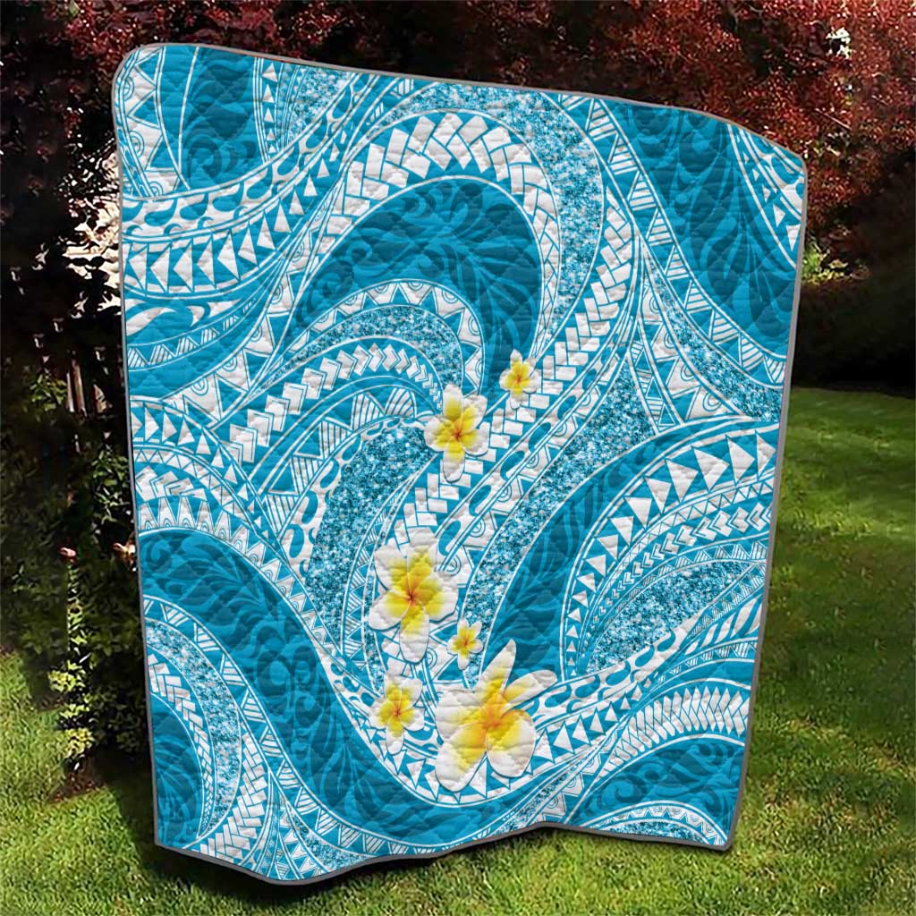 Plumeria Polynesian Sky Blue Glitter Pattern Quilt LT01 - Polynesian Pride