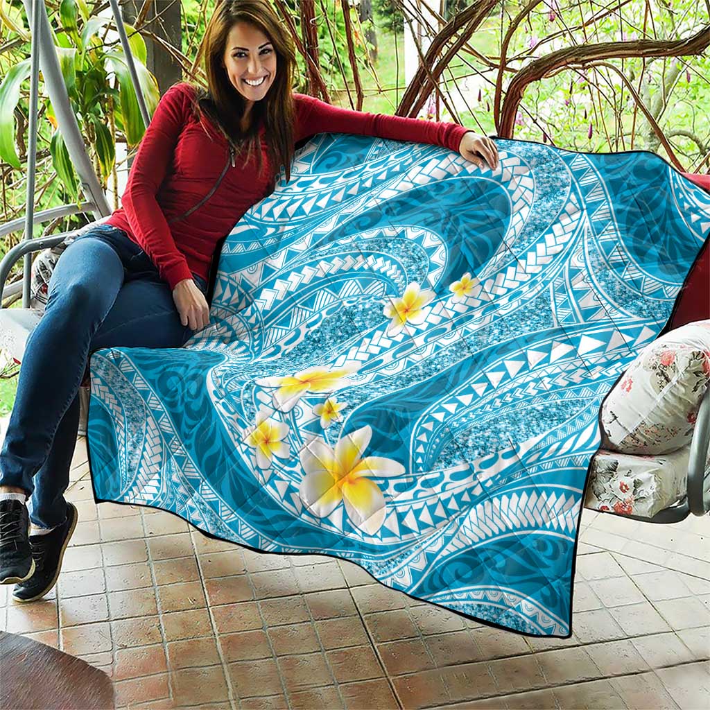 Plumeria Polynesian Sky Blue Glitter Pattern Quilt LT01 - Polynesian Pride