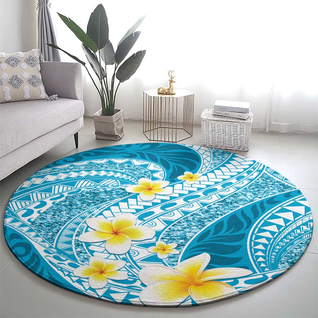 Plumeria Polynesian Sky Blue Glitter Pattern Round Carpet