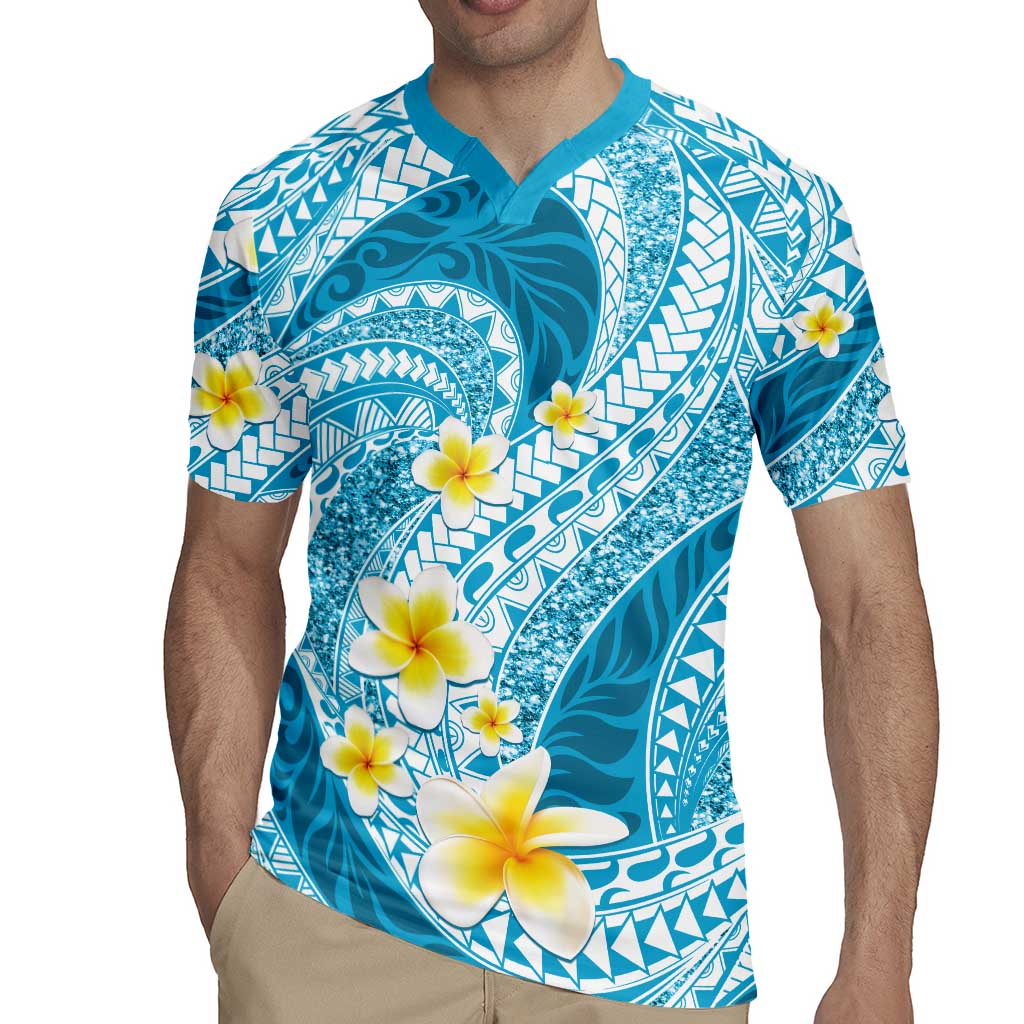 Plumeria Polynesian Sky Blue Glitter Pattern Rugby Jersey