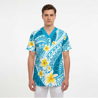 Plumeria Polynesian Sky Blue Glitter Pattern Scrub Top - Polynesian Pride