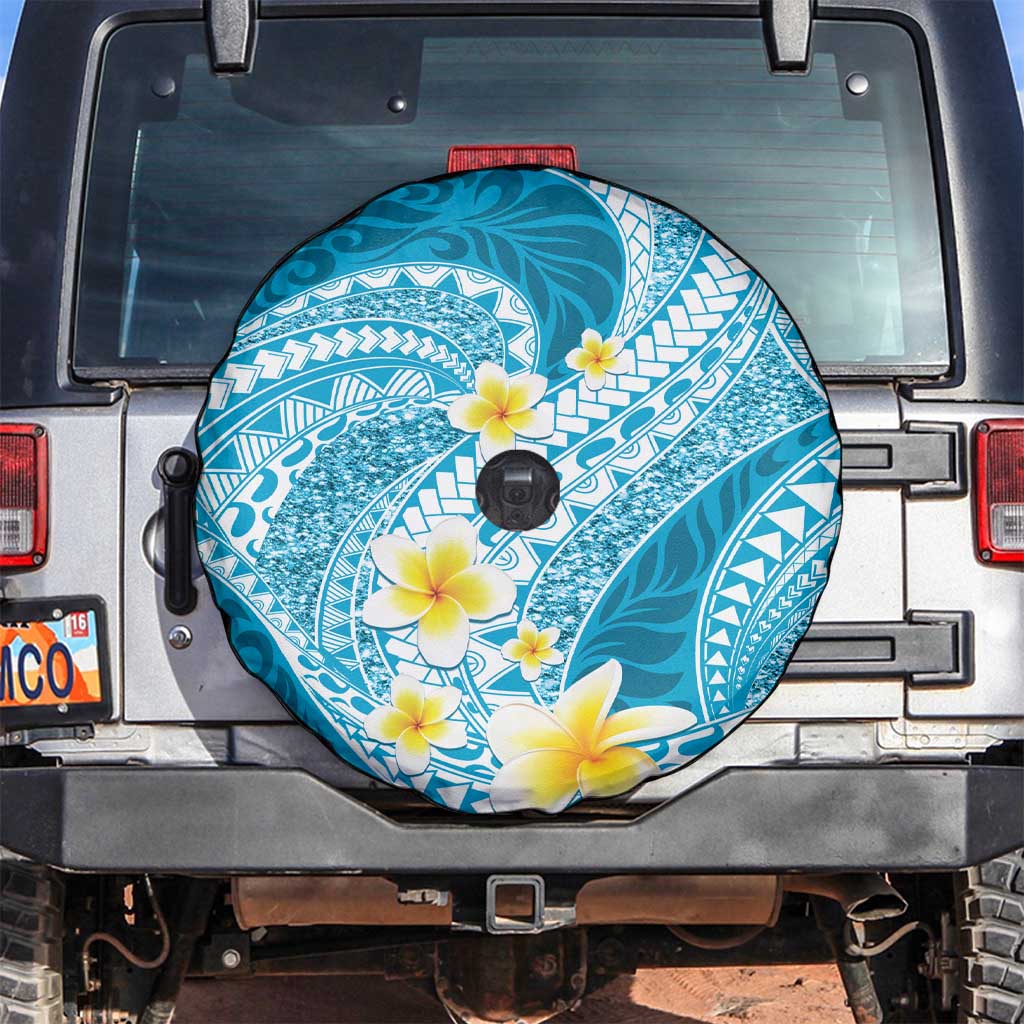 Plumeria Polynesian Sky Blue Glitter Pattern Spare Tire Cover