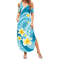 Plumeria Polynesian Sky Blue Glitter Pattern Summer Maxi Dress