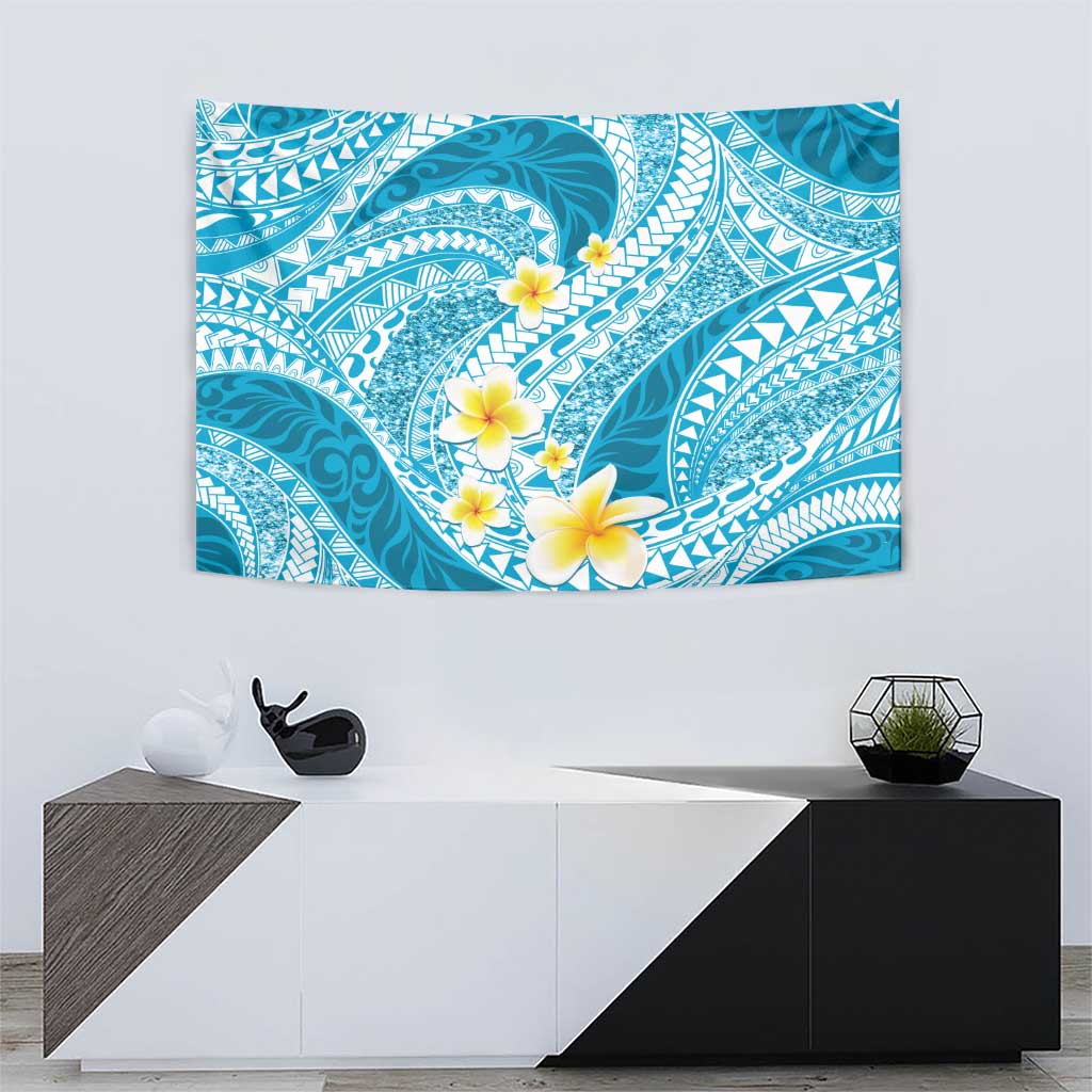 Plumeria Polynesian Sky Blue Glitter Pattern Tapestry