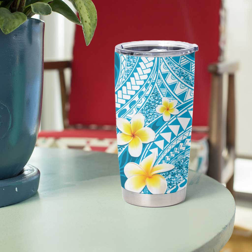 Plumeria Polynesian Sky Blue Glitter Pattern Tumbler Cup LT01 - Polynesian Pride