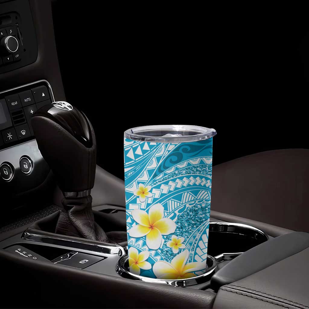 Plumeria Polynesian Sky Blue Glitter Pattern Tumbler Cup LT01 - Polynesian Pride