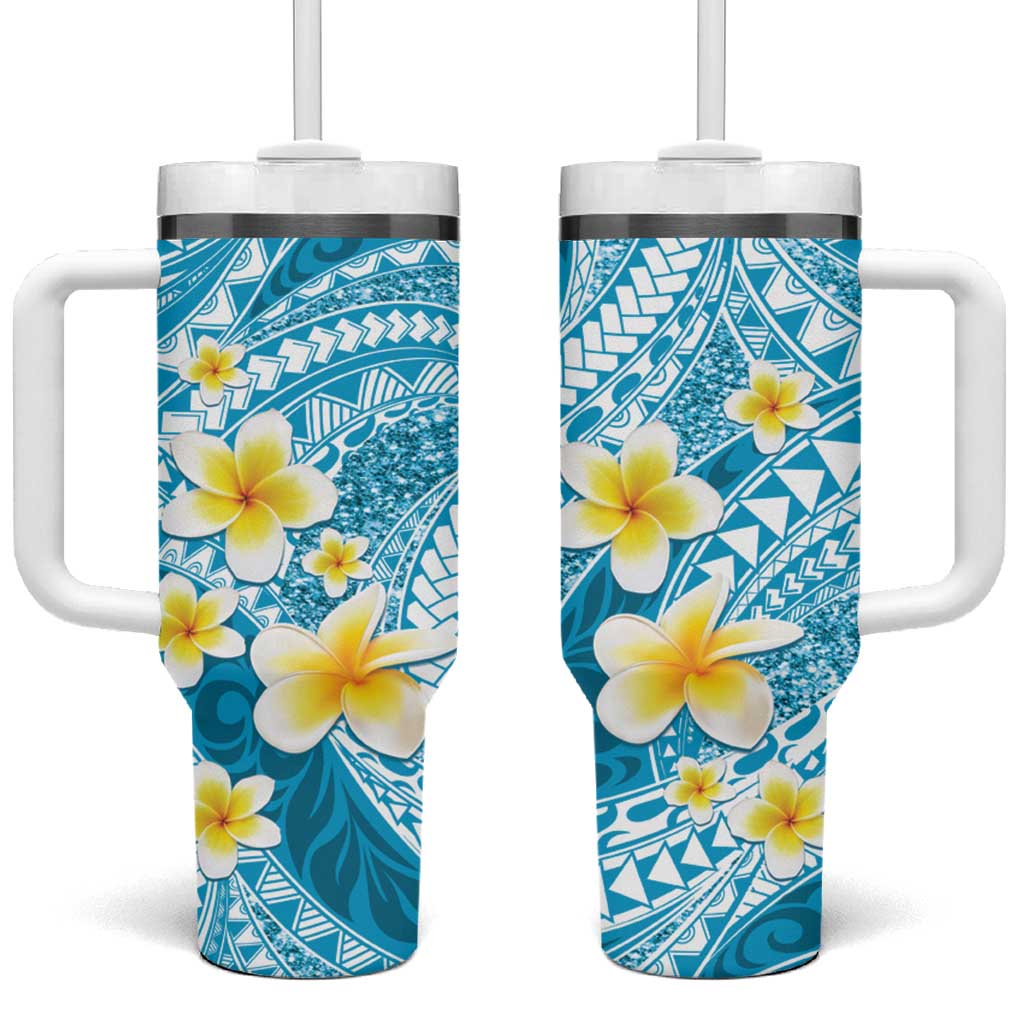 Plumeria Polynesian Sky Blue Glitter Pattern Tumbler With Handle LT01 One Size: 40 oz Sky Blue - Polynesian Pride