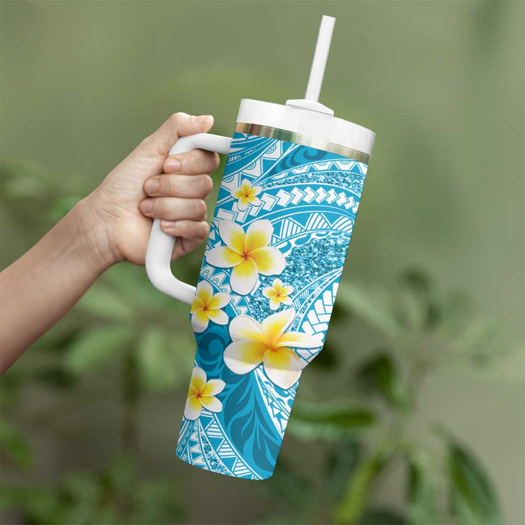 Plumeria Polynesian Sky Blue Glitter Pattern Tumbler With Handle LT01 - Polynesian Pride
