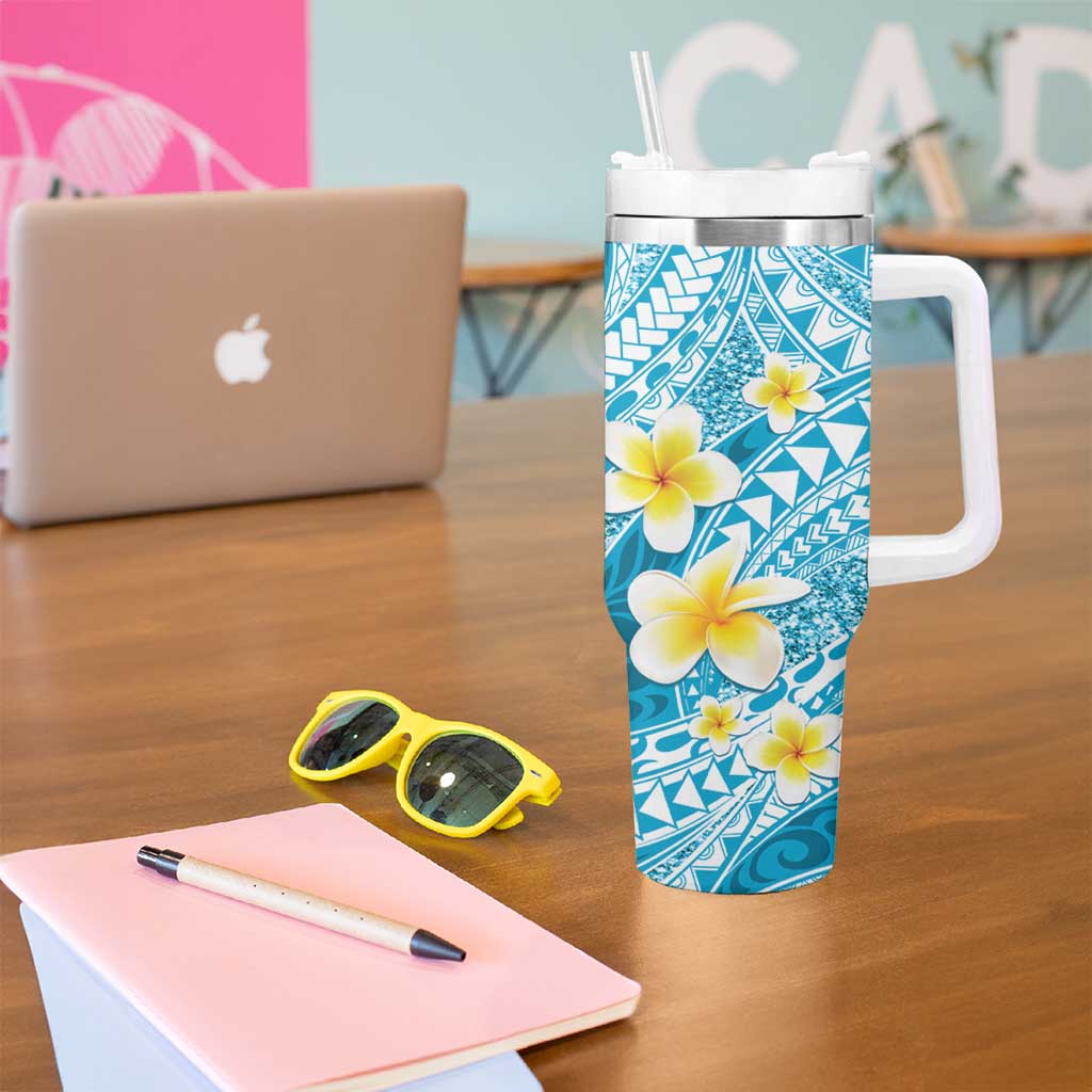 Plumeria Polynesian Sky Blue Glitter Pattern Tumbler With Handle LT01 - Polynesian Pride