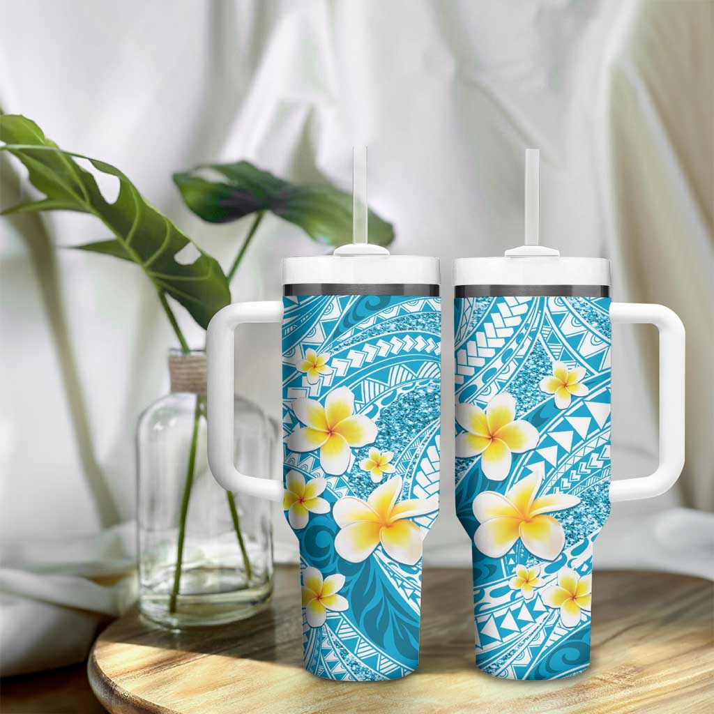 Plumeria Polynesian Sky Blue Glitter Pattern Tumbler With Handle LT01 - Polynesian Pride