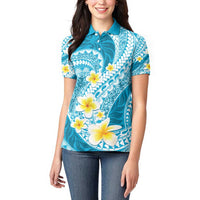 Plumeria Polynesian Sky Blue Glitter Pattern Women Polo Shirt