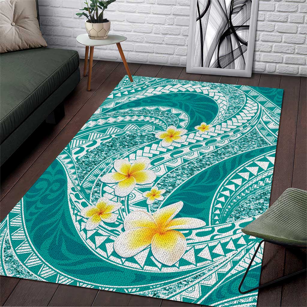 Plumeria Polynesian Teal Glitter Pattern Area Rug