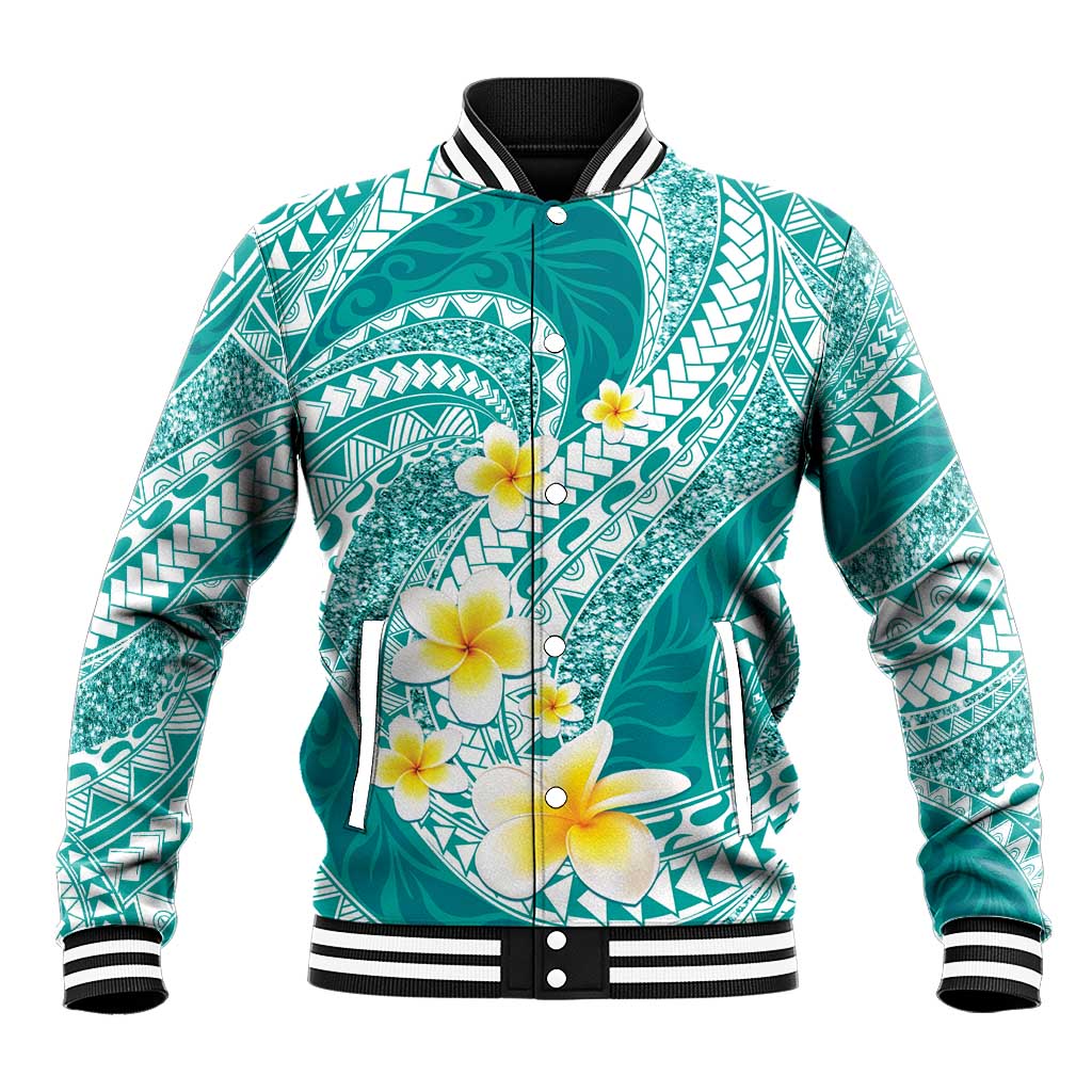 Plumeria Polynesian Teal Glitter Pattern Baseball Jacket