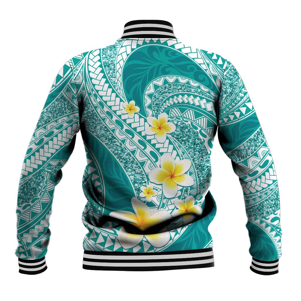 Plumeria Polynesian Teal Glitter Pattern Baseball Jacket