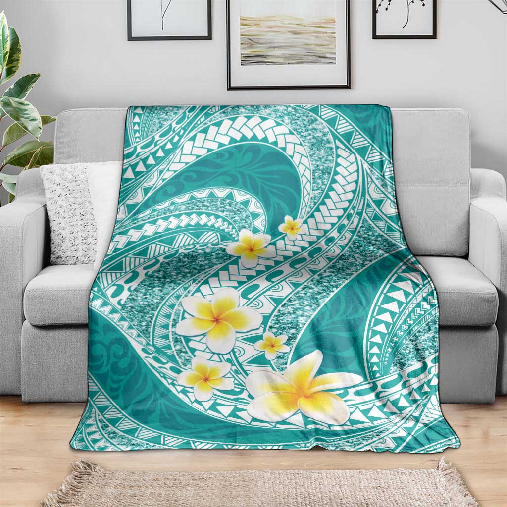 Plumeria Polynesian Teal Glitter Pattern Blanket