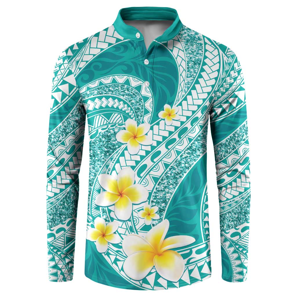 Plumeria Polynesian Teal Glitter Pattern Button Sweatshirt LT01 Teal - Polynesian Pride
