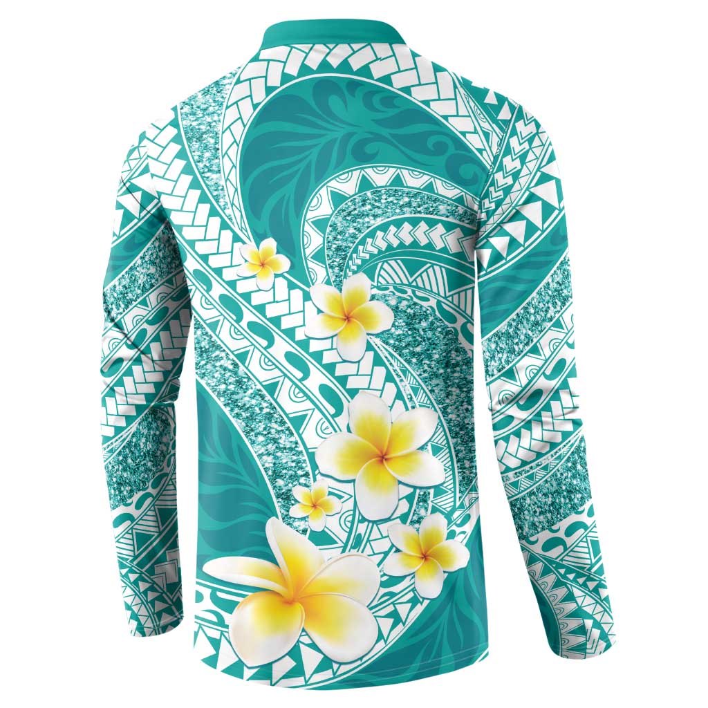 Plumeria Polynesian Teal Glitter Pattern Button Sweatshirt LT01 - Polynesian Pride