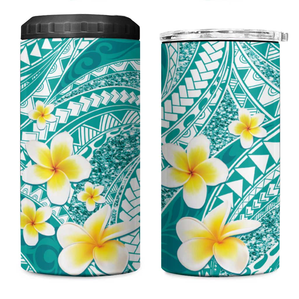 Plumeria Polynesian Teal Glitter Pattern 4 in 1 Can Cooler Tumbler
