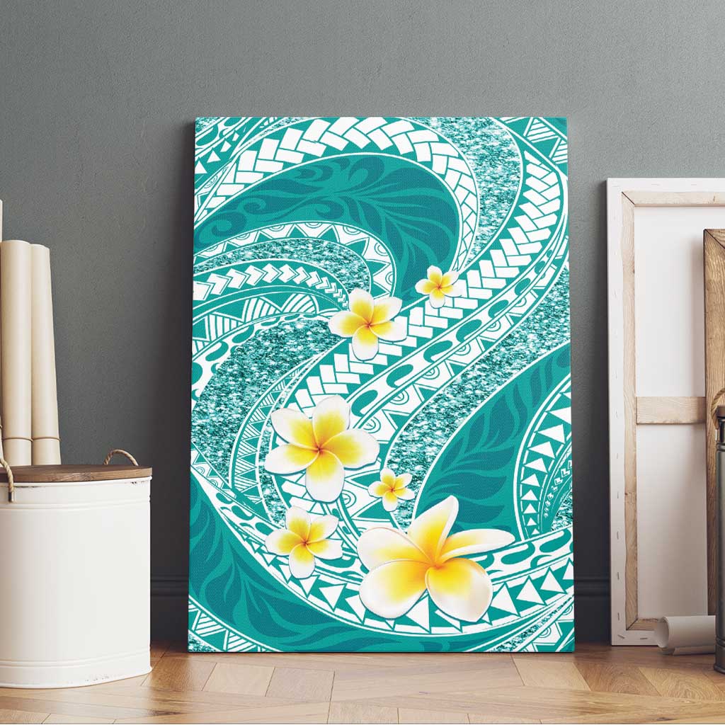 Plumeria Polynesian Teal Glitter Pattern Canvas Wall Art