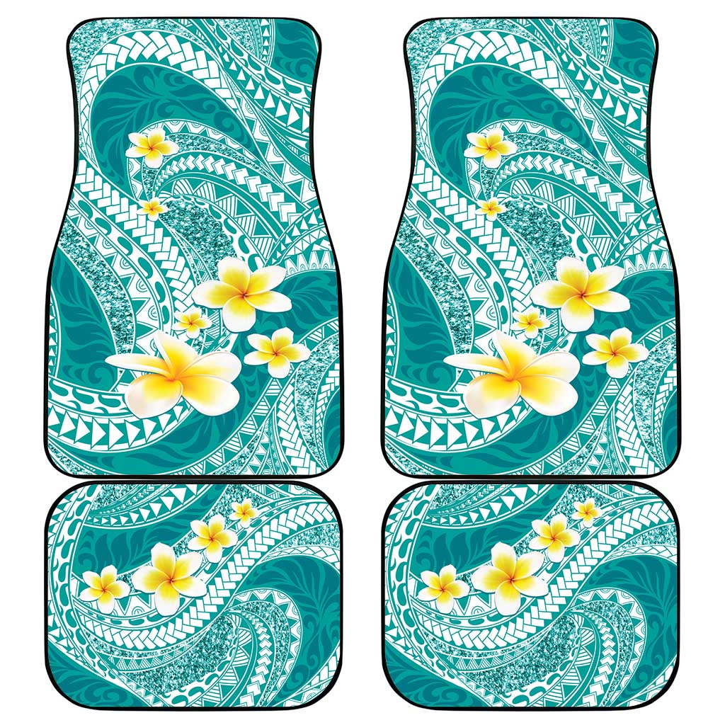 Plumeria Polynesian Teal Glitter Pattern Car Mats