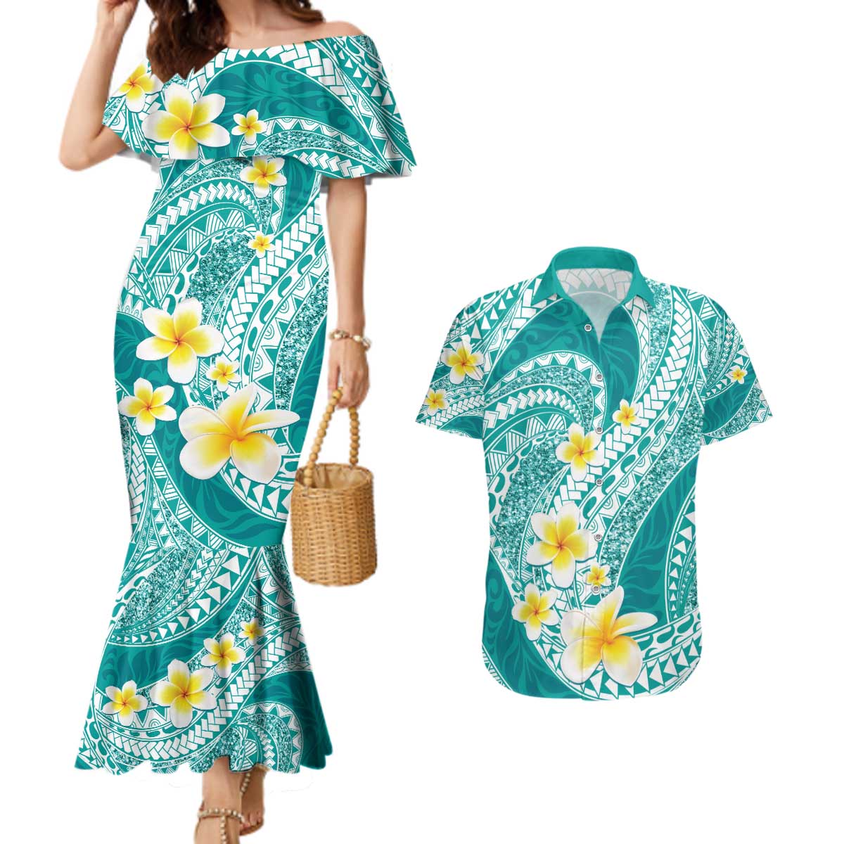 Plumeria Polynesian Teal Glitter Pattern Couples Matching Mermaid Dress and Hawaiian Shirt LT01 Teal - Polynesian Pride