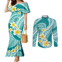 Plumeria Polynesian Teal Glitter Pattern Couples Matching Mermaid Dress and Long Sleeve Button Shirt LT01 Teal - Polynesian Pride
