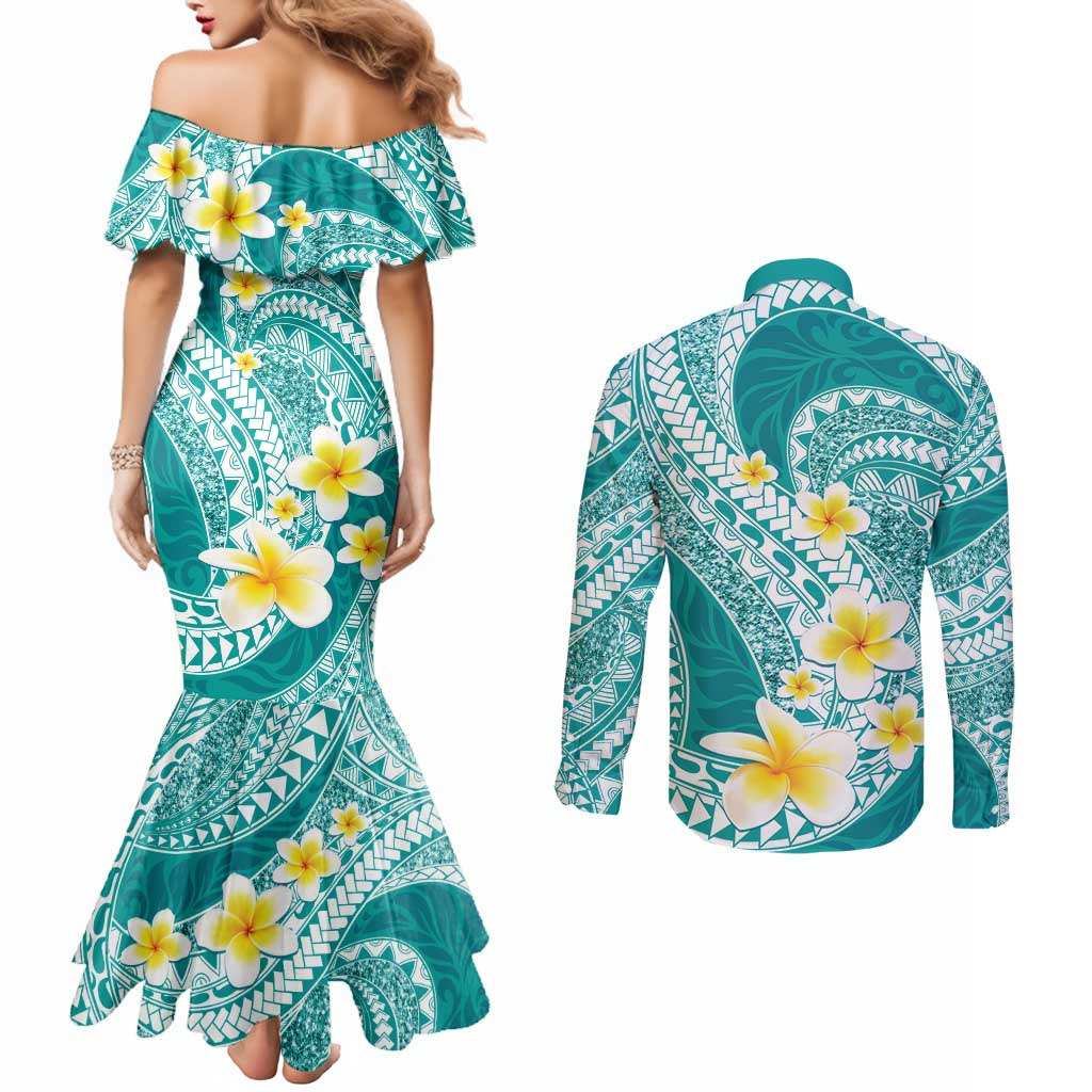 Plumeria Polynesian Teal Glitter Pattern Couples Matching Mermaid Dress and Long Sleeve Button Shirt LT01 - Polynesian Pride