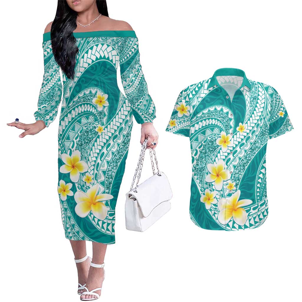 Plumeria Polynesian Teal Glitter Pattern Couples Matching Off The Shoulder Long Sleeve Dress and Hawaiian Shirt