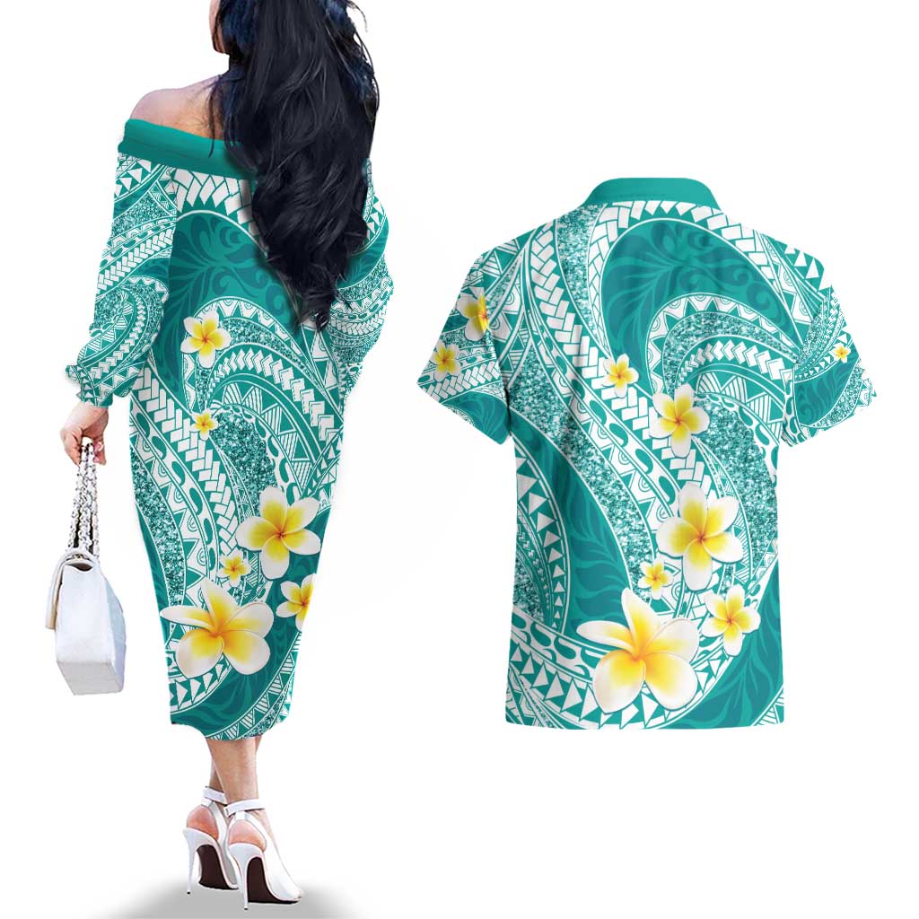 Plumeria Polynesian Teal Glitter Pattern Couples Matching Off The Shoulder Long Sleeve Dress and Hawaiian Shirt