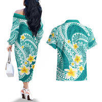 Plumeria Polynesian Teal Glitter Pattern Couples Matching Off The Shoulder Long Sleeve Dress and Hawaiian Shirt