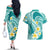 Plumeria Polynesian Teal Glitter Pattern Couples Matching Off The Shoulder Long Sleeve Dress and Hawaiian Shirt