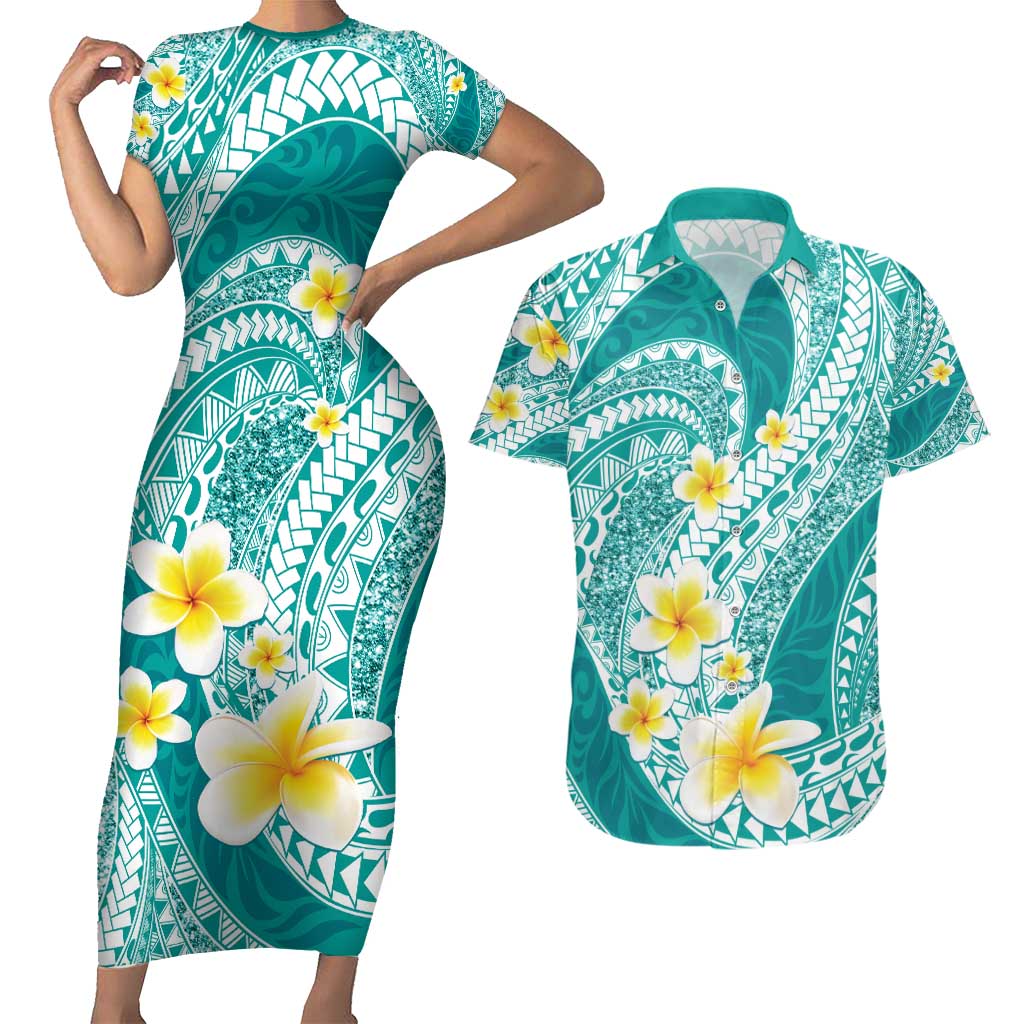 Plumeria Polynesian Teal Glitter Pattern Couples Matching Short Sleeve Bodycon Dress and Hawaiian Shirt LT01 Teal - Polynesian Pride
