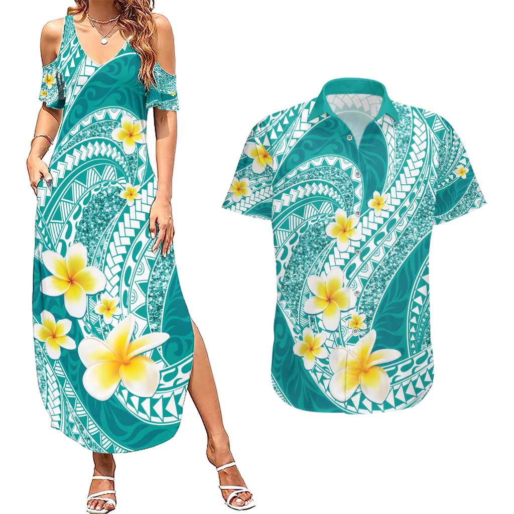Plumeria Polynesian Teal Glitter Pattern Couples Matching Summer Maxi Dress and Hawaiian Shirt LT01 Teal - Polynesian Pride