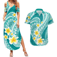 Plumeria Polynesian Teal Glitter Pattern Couples Matching Summer Maxi Dress and Hawaiian Shirt LT01 Teal - Polynesian Pride