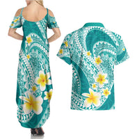 Plumeria Polynesian Teal Glitter Pattern Couples Matching Summer Maxi Dress and Hawaiian Shirt LT01 - Polynesian Pride