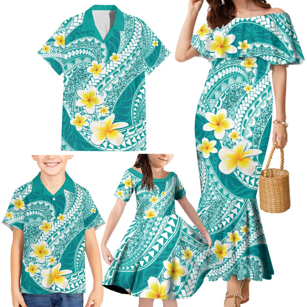 Plumeria Polynesian Teal Glitter Pattern Family Matching Mermaid Dress and Hawaiian Shirt LT01 - Polynesian Pride