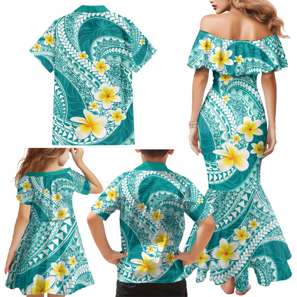 Plumeria Polynesian Teal Glitter Pattern Family Matching Mermaid Dress and Hawaiian Shirt LT01 - Polynesian Pride
