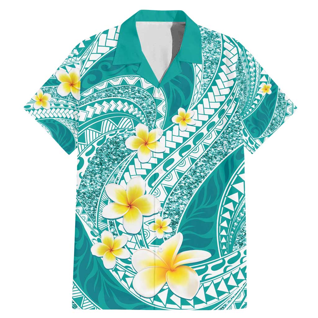 Plumeria Polynesian Teal Glitter Pattern Family Matching Mermaid Dress and Hawaiian Shirt LT01 Dad's Shirt - Short Sleeve Teal - Polynesian Pride