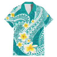 Plumeria Polynesian Teal Glitter Pattern Family Matching Mermaid Dress and Hawaiian Shirt LT01 Dad's Shirt - Short Sleeve Teal - Polynesian Pride