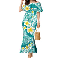 Plumeria Polynesian Teal Glitter Pattern Family Matching Mermaid Dress and Hawaiian Shirt LT01 Mom's Dress Teal - Polynesian Pride