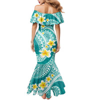 Plumeria Polynesian Teal Glitter Pattern Family Matching Mermaid Dress and Hawaiian Shirt LT01 - Polynesian Pride