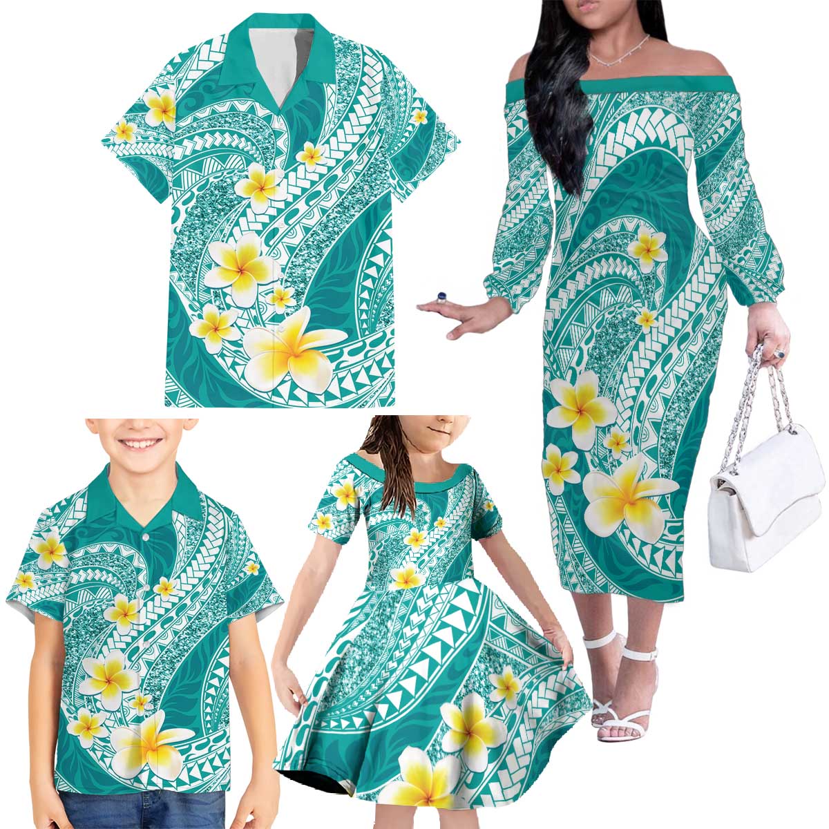 Plumeria Polynesian Teal Glitter Pattern Family Matching Off The Shoulder Long Sleeve Dress and Hawaiian Shirt