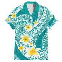 Plumeria Polynesian Teal Glitter Pattern Family Matching Off The Shoulder Long Sleeve Dress and Hawaiian Shirt