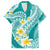 Plumeria Polynesian Teal Glitter Pattern Family Matching Off The Shoulder Long Sleeve Dress and Hawaiian Shirt
