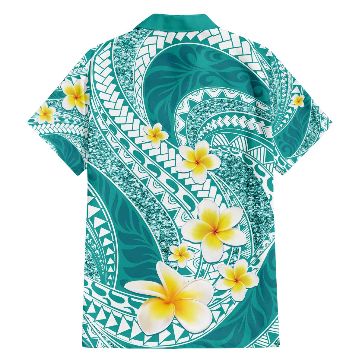Plumeria Polynesian Teal Glitter Pattern Family Matching Off The Shoulder Long Sleeve Dress and Hawaiian Shirt