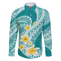 Plumeria Polynesian Teal Glitter Pattern Family Matching Off The Shoulder Long Sleeve Dress and Hawaiian Shirt