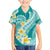 Plumeria Polynesian Teal Glitter Pattern Family Matching Off The Shoulder Long Sleeve Dress and Hawaiian Shirt